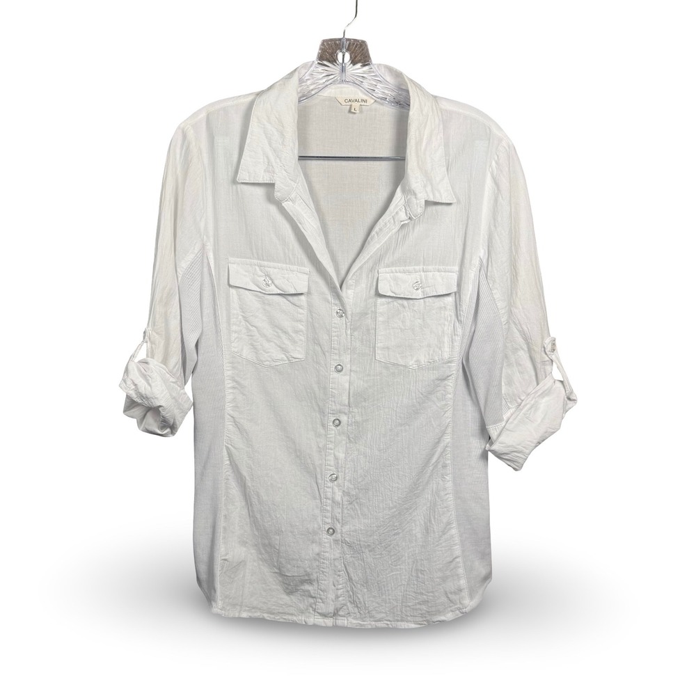 Cavalini Womens L White Crinkle Cotton Roll Tab Button Down Shirt Large Casual
